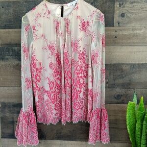 Alexie X Revolve Red Lace Tan Lining Bell sleeve Blouse Size Small